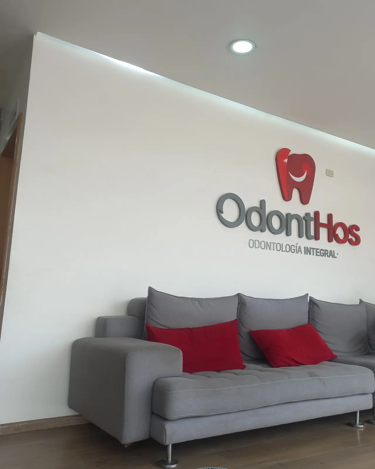 Recepción de ODONTHOS con el logotipo en relieve sobre la pared